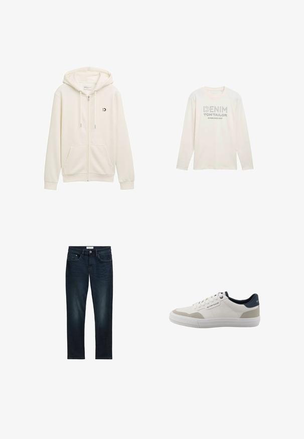 Hvid zip-up hoodie lavet af blødt stof, med hætte, to frontlommer og et lille sort logo på venstre bryst.; Lyscremet langærmet skjorte med rund hals, der har et trykt logo i grå, som læser "DENIM TOM TAILOR ESTABLISHED 2007."; Mørkeblå denim jeans med slim fit, der har fem lommer, knaplukning og diskret falmning foran for tekstur.; Hvid lavtop-sneakers med beige accenter, navy hælkant, hvide snørebånd og gummisål, med Tom Tailor-logo på siden og bagpå.