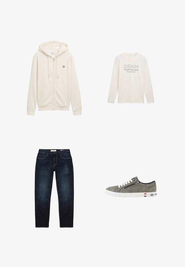Hvid zip-up hoodie lavet af blødt stof, med hætte, to frontlommer og et lille sort logo på venstre bryst.; Lyscremet langærmet skjorte med rund hals, der har et trykt logo i grå, som læser "DENIM TOM TAILOR ESTABLISHED 2007."; Mørkeblå denim jeans med standard pasform, der har lynlås, fem lommer og kontrasterende gule syninger. Glat overflade.; Grå lavtop-sneaker med hvide snørebånd, sidelås og hvid sål med røde, hvide og blå striber samt Tom Tailor-branding.