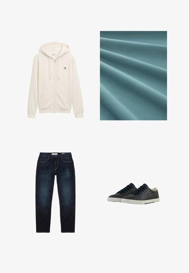 Witte zip-up hoodie gemaakt van zachte stof, met een capuchon, twee voorzakken en een klein zwart logo op de linkerborst.; Turquoise stof met een gladde, zachte textuur, met subtiele plooien en een consistent breipatroon overal.; Donkerblauwe spijkerbroek met een standaard pasvorm, voorzien van een ritssluiting, vijf zakken en contrasterende gele stiksels. Over het algemeen een gladde textuur.; Marine leren sneakers met witte rubberen zolen, ronde neus en zwarte veters. Subtiele texturen en branding aan de zijkanten. Casual ontwerp.