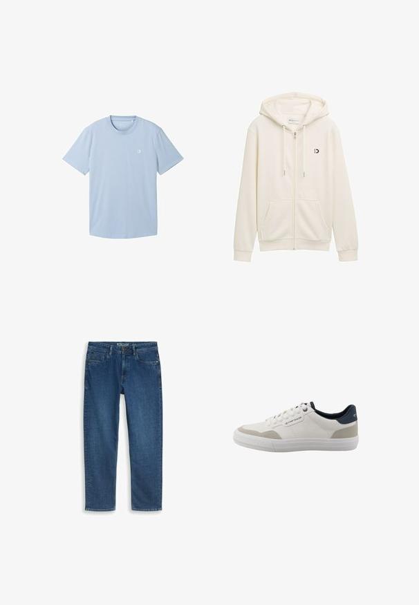 Sudadera blanca con cremallera hecha de tela suave, con capucha, dos bolsillos frontales y un pequeño logo negro en el lado izquierdo del pecho.; Camiseta de manga corta azul claro hecha de tejido suave, con escote redondo y un pequeño logo en la parte izquierda del pecho. Textura lisa.; Vaqueros azul rectos con bolsillos delanteros y cierre de botón, colocados planos sobre un fondo blanco.; Zapatilla blanca de corte bajo con acentos beige, collarín de talón azul marino, cordones blancos y suela de goma, con el logo de Tom Tailor en el lateral y la parte trasera.