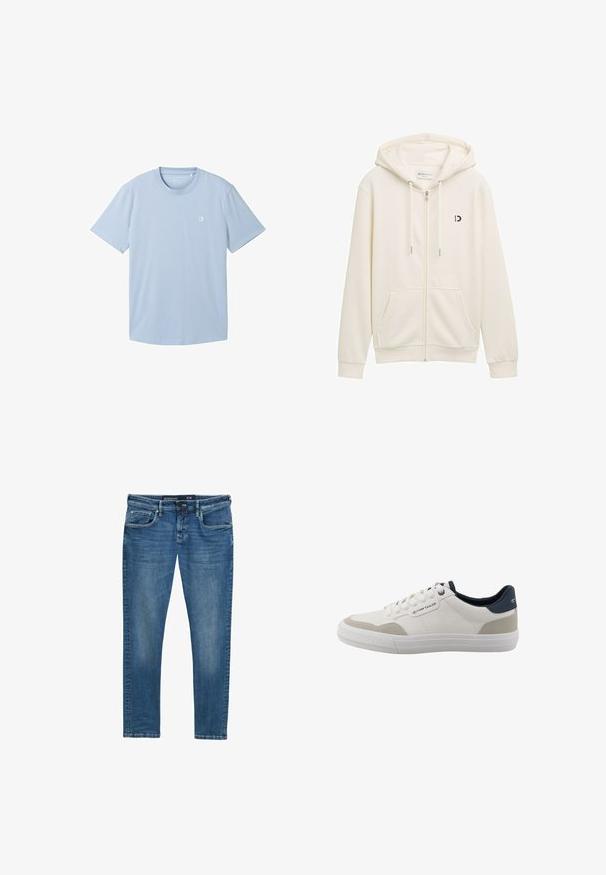 Sudadera blanca con cremallera hecha de tela suave, con capucha, dos bolsillos frontales y un pequeño logo negro en el lado izquierdo del pecho.; Camiseta de manga corta azul claro hecha de tejido suave, con escote redondo y un pequeño logo en la parte izquierda del pecho. Textura lisa.; Jeans de denim azul con corte recto, diseño de cinco bolsillos, desgaste sutil en los muslos y una etiqueta en la cintura que indica la talla 31/32.; Zapatilla blanca de corte bajo con acentos beige, collarín de talón azul marino, cordones blancos y suela de goma, con el logo de Tom Tailor en el lateral y la parte trasera.