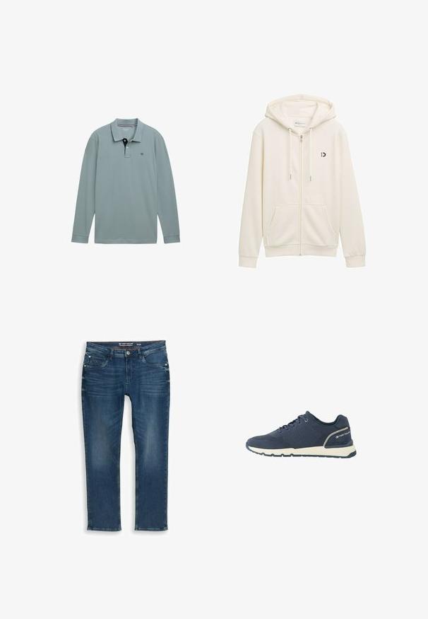 Sudadera blanca con cremallera hecha de tela suave, con capucha, dos bolsillos frontales y un pequeño logo negro en el lado izquierdo del pecho.; Polo de manga larga en azul claro con un cuello en contraste de color marino. Material de algodón, con un pequeño logo en el lado izquierdo del pecho. Corte clásico.; Vaqueros de pierna recta de color azul oscuro hechos de mezclilla. Tienen bolsillos frontales y cierre de cremallera, con un sutil desgaste y detalles de costura en la cintura.; Zapatilla deportiva azul marino con parte superior de malla, suela blanca, suela exterior negra y logo "Tom Tailor" en el contrafuerte del talón.