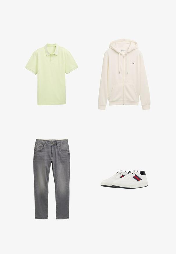 Sudadera blanca con cremallera hecha de tela suave, con capucha, dos bolsillos frontales y un pequeño logo negro en el lado izquierdo del pecho.; Polo de color verde claro, de manga corta, fabricado en tejido suave, con tres botones en la parte frontal, detalles de rayas blancas en el cuello y los bordes de las mangas. Logotipo sencillo en la parte delantera.; Jeans slim fit para hombre en gris, con botón y cremallera frontal, estilo de cinco bolsillos, talla 32/32, marca Tom Tailor.; TOM TAILOR Zapatillas - white navy
