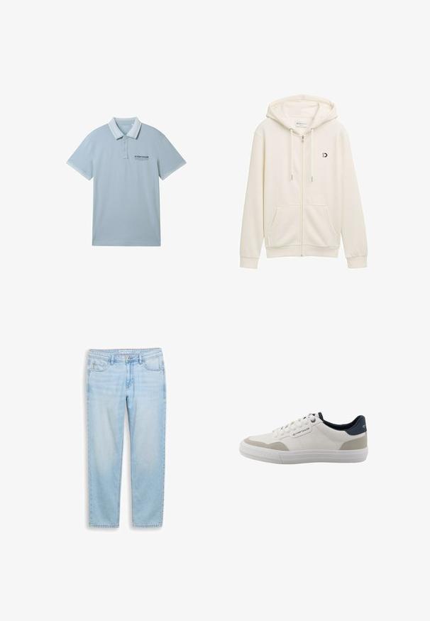 Hvid zip-up hoodie lavet af blødt stof, med hætte, to frontlommer og et lille sort logo på venstre bryst.; Lysblå polo-shirt i blødt stof, med kravehals, to-knap placket og kontrasterende hvid kant på ærmer og krave.; Lyseblå denimjeans med lige ben, forrest med knap, lynlås og fem lommer, lagt fladt på en hvid baggrund.; Hvid lavtop-sneakers med beige accenter, navy hælkant, hvide snørebånd og gummisål, med Tom Tailor-logo på siden og bagpå.