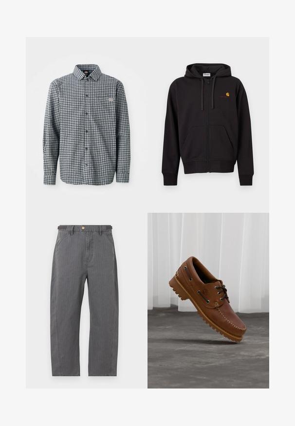 Sudadera negra con cremallera, bolsillos frontales, capucha con cordón y pequeño logo de Carhartt en amarillo y rojo en el pecho izquierdo.; Camisa de cuadros en blanco y negro de manga larga con botones, cuello y un pequeño parche con logo en el bolsillo del pecho izquierdo.; Pantalones grises de pierna recta con bolsillos delanteros, trabillas para cinturón y cierre con botón de latón, mostrados sobre un fondo blanco.; Zapato náutico de cuero marrón con cordones negros, costuras beige y una suela resistente, suspendido sobre un suelo de hormigón gris.