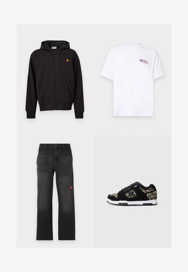 Sweat à capuche noir zippé avec poches avant, capuche à cordon de serrage, et petit logo Carhartt jaune et rouge sur le côté gauche de la poitrine.; T-shirt blanc à manches courtes avec un petit logo ovale rose et bleu sur la poitrine gauche, sur un fond clair uni.; Pantalon de travail en denim noir avec panneaux doubles aux genoux et petit patch logo rouge sur la jambe droite, coupe droite et taille avec fermeture à boutons.; Baskets en suède noir avec un motif camouflage sur le côté, semelle intermédiaire blanche et semelle extérieure en caoutchouc noir. Comprend des lacets et un détail de logo sur le côté.