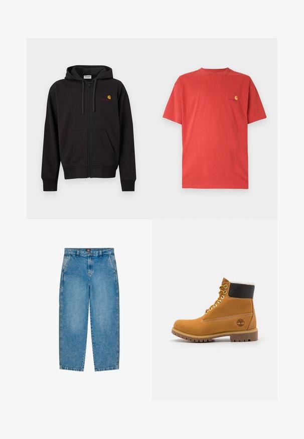 Čierna mikina na zips s prednými vreckami, kapucňou na šnúrkach a malým žltým a červeným logom Carhartt na ľavej strane na hrudi.; Červené bavlnené tričko s okrúhlym výstrihom, krátkymi rukávmi a malým žltým logom na ľavej strane hrudníka. Hladká textúra, ležérny dizajn.; Svetlomodré džínsy s rovnou nohavicou. Obsahujú predné vrecká, zips a kontrastné stehy po stranách.; Hnedé kožené ankle boot s kovovými očkami, bielym kožúškom vo vnútri, čiernym vypolstrovaným golierom, robustnou podrážkou a vyrazeným logom na boku.