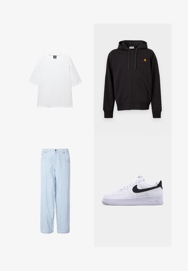 Musta vetoketjullinen huppari, jossa etutaskut, kiristysnyörillä säädettävä huppu ja vasemmassa rinnassa pieni keltainen ja punainen Carhartt-logo.; Valkoinen ylisuuri t-paita, jossa on lyhyet hihat, pyöreä pääntie ja pehmeä puuvillakangas. Kauluksessa on musta etiketti. Ei kuvioita tai korostuksia.; Vaaleansininen farkkujen leveälahkeiset housut, joissa on korkea vyötärö, kaksi edessä olevaa taskua ja näkyvät saumat. Kangas on pehmeää ja haalistunutta.; Valkoinen nahkakenkä, jossa on teksturoitu musta Swoosh, litteät nauhat ja kumipohja, jossa on uritettu malli. "AIR" on painettu kantapään kohdalle.