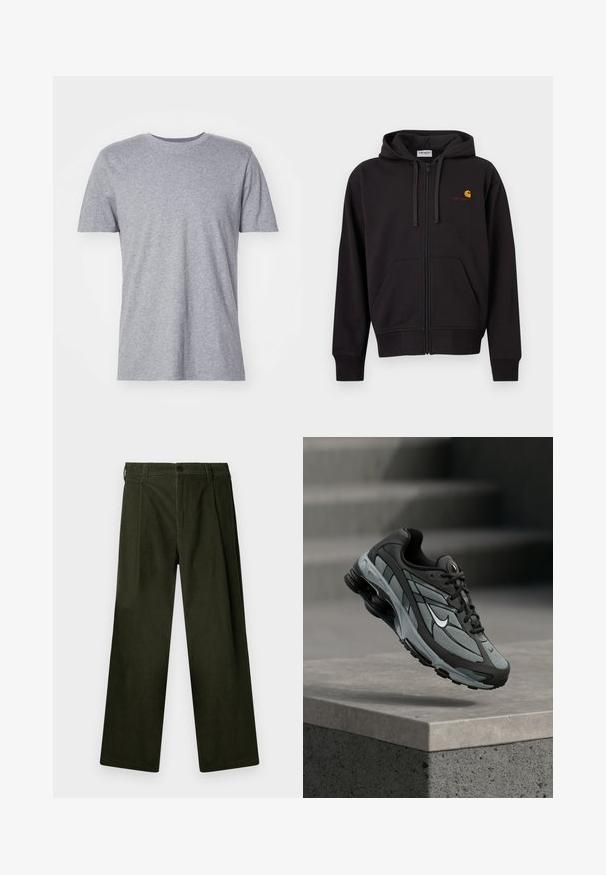 Sort lynlås-hættetrøje med frontlommer, snørre i hætten og lille gul og rød Carhartt-logo på venstre bryst.; Grå, kortærmet t-shirt lavet af en bomuldsblanding, der har en klassisk crew neckline og en glat, blød tekstur.; Mørkegrønne fløjl bukser med bred benmønster, der har frontfolder, knaplukning og bæltestropper. Glat tekstur.; Grå og sort atletiksko med meshpaneler og tyk sål, placeret i luften over en betonliste med trapper i baggrunden.