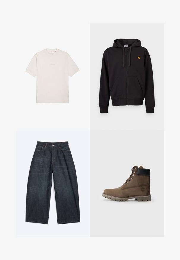 Sweat à capuche noir zippé avec poches avant, capuche à cordon de serrage, et petit logo Carhartt jaune et rouge sur le côté gauche de la poitrine.; T-shirt blanc à manches courtes en coton doux, avec un logo de marque subtilement gaufré sur la poitrine et un col rond classique.; Jean bleu foncé à jambes larges avec poches avant, fermeture à boutons et coutures visibles, étalé à plat sur fond blanc.; Bottines en cuir marron avec un col noir, œillets en métal et semelle grise robuste. Comprend un logo sur le côté et des détails cousus.