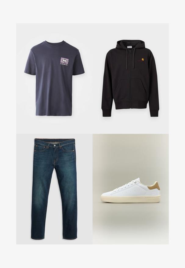 Sudadera negra con cremallera, bolsillos frontales, capucha con cordón y pequeño logo de Carhartt en amarillo y rojo en el pecho izquierdo.; Camiseta de algodón azul marino con cuello redondo y mangas cortas. Presenta un estampado gráfico geométrico en púrpura y blanco en el lado izquierdo del pecho.; Jeans de mezclilla azul oscuro con pierna recta, cinco bolsillos, costuras de cobre y un logo en la parte posterior de la cinturilla. Textura suave y ajuste clásico.; Zapatilla blanca de corte bajo con suela beige y parche de ante marrón en el talón, diseño con cordones y detalles mínimos de perforación en el lateral.