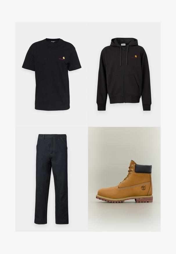 Sweat à capuche noir zippé avec poches avant, capuche à cordon de serrage, et petit logo Carhartt jaune et rouge sur le côté gauche de la poitrine.; T-shirt en coton noir à manches courtes, col rond, avec un petit logo coloré sur la poitrine gauche. Coupe classique avec une texture lisse.; Jean en denim bleu foncé avec une coupe droite, coutures jaunes, poches avant et une fermeture à bouton à la taille.; Bottine en cuir marron avec col noir, lacets jaunes et semelle beige. Présente un logo et des détails de couture blanche. Semelle extérieure à traction robuste.