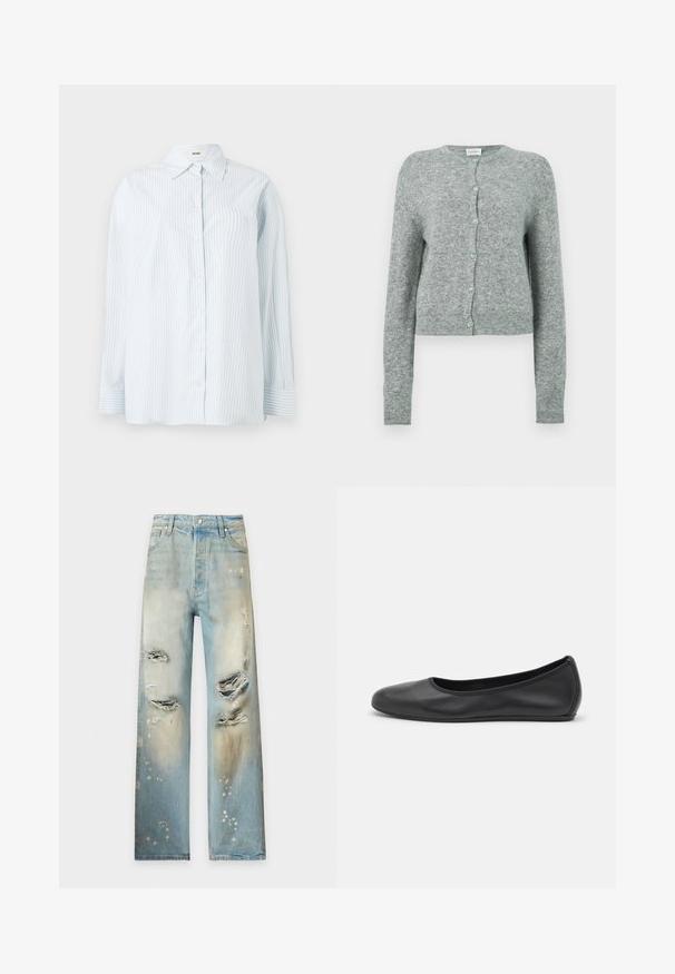 Grauer, kurz geschnittener Cardigan aus weichem Strickstoff. Verfügt über einen Rundhalsausschnitt und eine Knopfleiste mit hellblauen Knöpfen. Lange Ärmel.; Hellblau gestreiftes Button-up-Hemd aus glattem Stoff; mit klassischem Kragen und langen Ärmeln mit Knopfmanschetten.; Hellblaue, gerade geschnittene Jeans mit mehreren großen Rissen und verblassten Bleichflecken an den Vorderbeinen.; Schwarze Leder-Ballettschuhe mit abgerundeter Spitze, glatter Textur, minimalen Nähdetails und einem flexiblen Sohlen-Design.