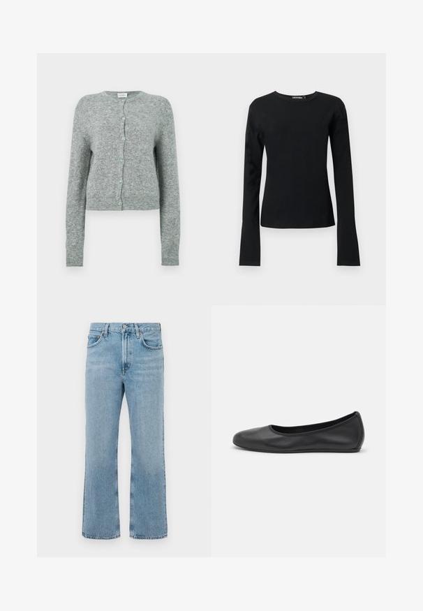 Grijze, cropped cardigan van een zachte gebreide stof. Heeft een ronde halslijn en een sluiting met lichtblauwe knopen. Lange mouwen.; Zwart aansluitend shirt met lange mouwen en ronde hals, rechte zoom en gladde stof, getoond tegen een effen lichte achtergrond.; Lichtblauwe spijkerbroek met een recht model, hoge taille, zichtbare stiksels en een lichte vervaging. Geen versieringen of hardware.; Zwarte leren ballerina met een ronde neus, gladde textuur, minimale stikdetails en een flexibele zoolontwerp.