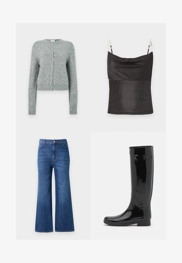 Grå, beskåret cardigan i et blødt strikstof. Har rund halsudskæring og knaplukning med lyseblå knapper. Lange ærmer.; Sort satin ærmeløs top med vandfaldsudskæring og tynde guldkæde stropper på hvid baggrund.; Bredde ben jeans i mørkeblå denim, med høj talje, diskret slidte detaljer og klassisk fem-lomme-design. Syet med kontrasttråd.; Sorte gummi knæhøje støvler til regnvejr med en blank finish, en side spænde detalje og en flad sål for stabilitet og komfort.