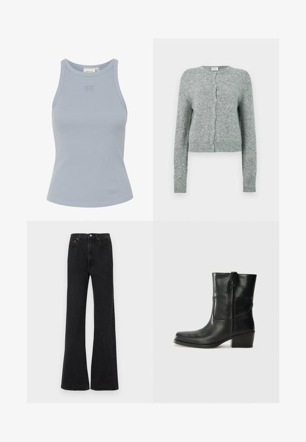 Grå, beskåret cardigan i et blødt strikstof. Har rund halsudskæring og knaplukning med lyseblå knapper. Lange ærmer.; Lys blå ærmeløs ribbet tanktop med rund halsudskæring og lille logo broderet i midten. Glat overflade, tætsiddende silhuet.; Sorte jeans med vidde forneden og høj talje, lavet af denim. Har fem lommer og orange syninger som detaljer. Glat tekstur med en klassisk pasform.; Sort læder ankelstøvle med rundt tå, blokhæl, lynlås i siden og stikninger på vampsiden. Glat tekstur, klassisk design.