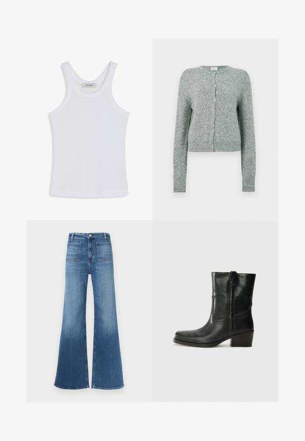 Grå, beskåret cardigan i et blødt strikstof. Har rund halsudskæring og knaplukning med lyseblå knapper. Lange ærmer.; Hvid tank top lavet af glat stof, med en rund halsudskæring og brede skulderstropper, med et mærke indeni, der står "IVY OAK."; Udvidede blå denimjeans med medium høj talje, fem lommer og en falmet vask. Har bæltestropper og en enkelt knaplukning.; Sort læder ankelstøvle med rundt tå, blokhæl, lynlås i siden og stikninger på vampsiden. Glat tekstur, klassisk design.