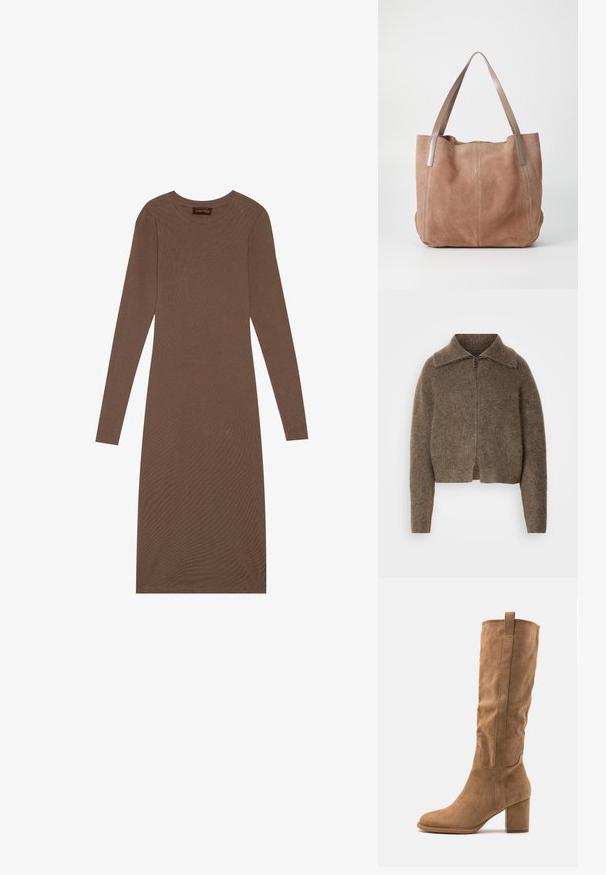 Cardigan zippé en laine brune avec un col, un design court et un ourlet côtelé. Texture douce avec une apparence légèrement duveteuse.; Anna Field Robe en jersey - brown; Botte en daim beige hauteur genou avec un talon bloc, présentant des accents cousus et une silhouette épurée pour un look moderne.; Anna Field LEATHER - Cabas - taupe