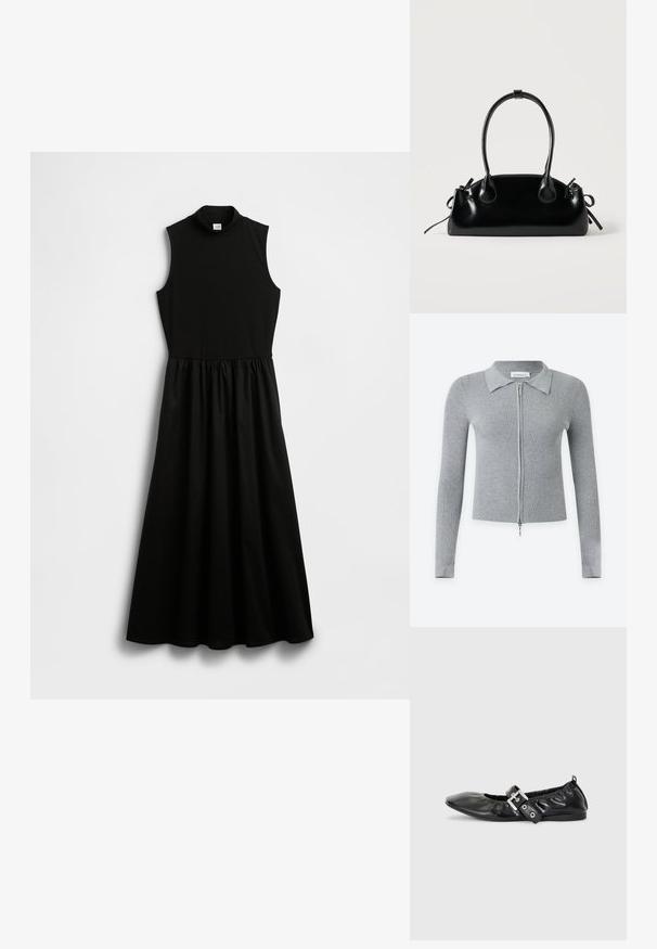 Cárdigan de punto acanalado gris claro con manga larga, cuello y cremallera plateada de longitud completa en el frente.; Vestido negro sin mangas con cuello alto simulado, parte superior ajustada y cintura fruncida que da paso a una falda fluida. Hecho de una tela suave.; Zapato plano de piel negra con puntera afilada, detalle fruncido alrededor de la abertura y un acento de hebilla plateada en la correa ajustable.; Pequeño bolso negro brillante con dos asas largas y detalles de cordón lateral sobre un fondo claro liso.