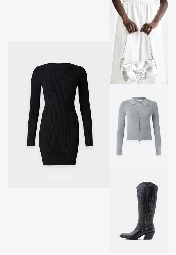 Cardigan à manches longues en maille côtelée gris clair avec col et fermeture éclair argentée intégrale à l'avant.; Good American VIRGO MINI DRESS - Robe fourreau - black; Bottes de cow-boy en cuir noir avec bout pointu, coutures apparentes, ornements à clous argentés et fermeture éclair sur le côté intérieur.; Sac à main en métal argenté avec un détail à lacets, arborant un design épuré et une courte sangle. Le sac est tenu dans les mains, mettant en valeur sa texture.