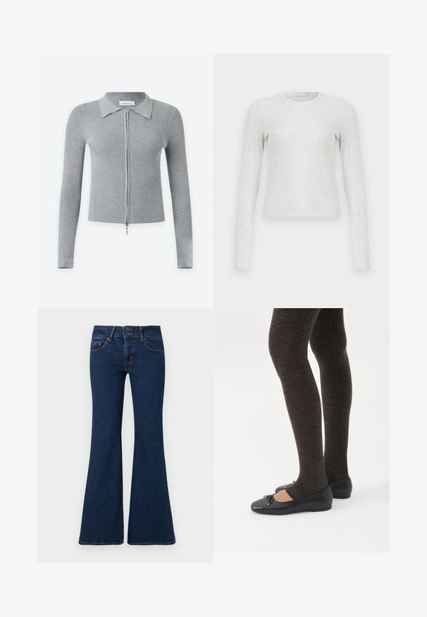 Cardigan à manches longues en maille côtelée gris clair avec col et fermeture éclair argentée intégrale à l'avant.; T-shirt gris à manches longues en tissu doux et extensible. Présente un col rond et une coupe ajustée. Texture lisse sans motifs.; Jean flare bleu foncé en denim, avec fermeture éclair et double bouton, poches avant et détails cousus le long des côtés.; Jambes portant des leggings côtelés foncés associés à des ballerines noires avec de petits détails en nœud sur fond blanc.
