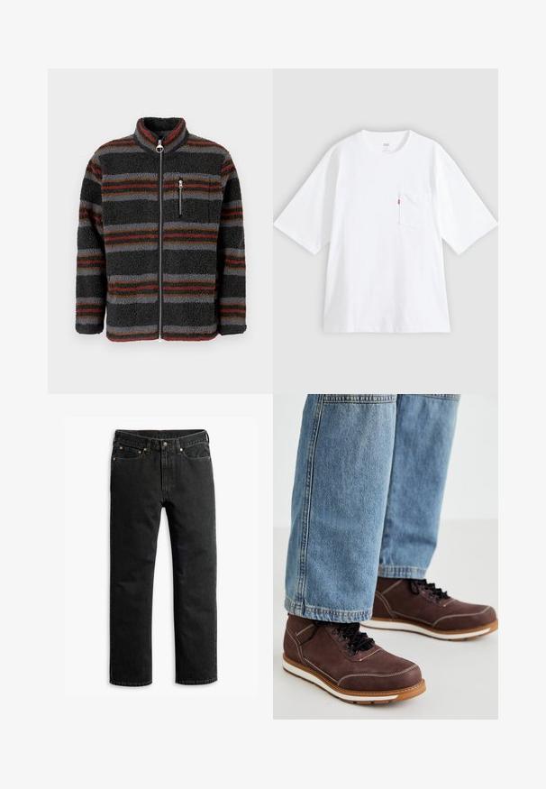 Schwarze Fleecejacke mit horizontalen roten, braunen und grauen Streifen, hohem Kragen, Frontreißverschluss und einer mit Reißverschluss versehenen Brusttasche.; Weißes Baumwoll-T-Shirt mit kurzen Ärmeln, rundem Ausschnitt und Brusttasche auf der linken Seite. Mit kleinem rotem Logotag an der Tasche.; Schwarze Jeans im geraden Schnitt mit fünf Taschen, Gürtelschlaufen und einem Knopfverschluss an der Taille, flach auf einem weißen Hintergrund ausgelegt.; Braune Lederschuhe mit schwarzen Schnürsenkeln, weißer Naht und gummierter Sohle. Kombiniert mit hellblauen Denim-Jeans in leicht lockerer Passform.
