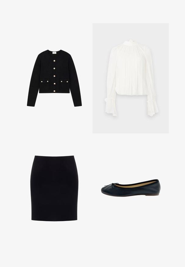 Cardigan noir à manches longues avec encolure arrondie, boutons dorés sur le devant, et deux poches avant chacune fermée par un bouton doré.; Blouse blanche avec manches longues évasées et col montant. Présente de doux plis sur le devant et une finition froncée aux poignets.; Jupe crayon noire, longueur genou, avec une taille ajustée et un tissu lisse et uni, présentée sur un fond blanc.; Ballerines en cuir noir avec un bout arrondi, détail en nœud à l'avant et une doublure intérieure douce. Semelle plate avec une élévation minimale.