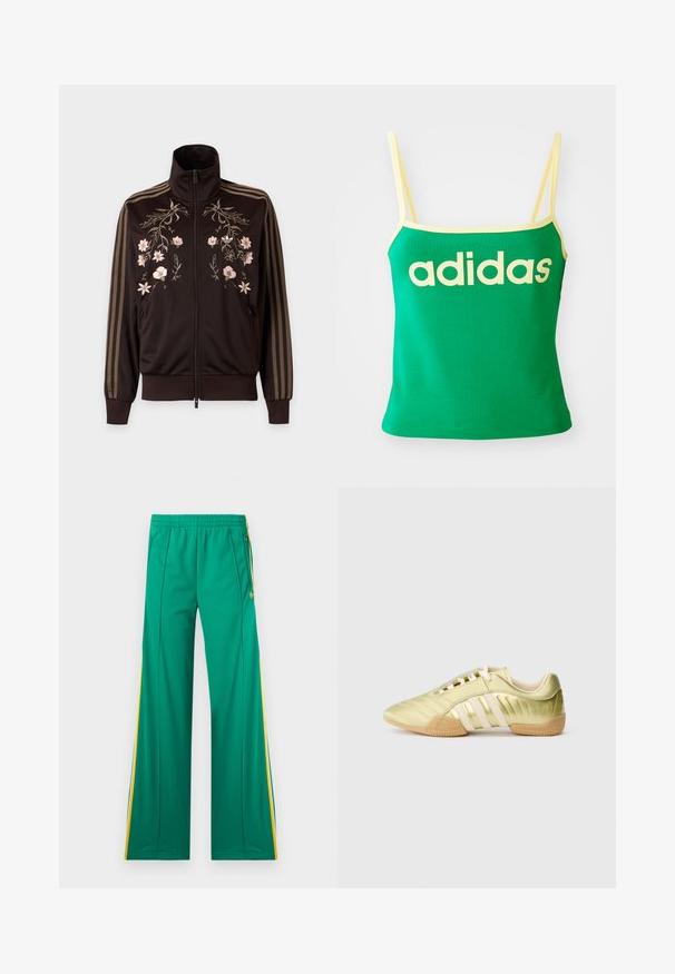 Black zip-up jacket with brown stripes on sleeves and light pink floral embroidery on the chest, featuring a high collar and ribbed cuffs.; Green tank top with yellow accents, made of stretchy material. Features large yellow "adidas" logo across the front and thin straps.; Green track pants with yellow side stripes, elastic waistband, and zippered pockets, displayed flat against a white background.; Lime green synthetic athletic shoe with a smooth texture, featuring three white stripes, a soft inner lining, and a textured rubber outsole.