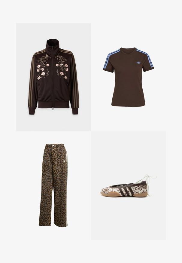 Sort lynlåstrøje med brune striber på ærmerne og lyserød blomsterbroderi på brystet, med høj krave og ribstrikkede manchetter.; Brun T-shirt med korte ærmer med lyseblå tre striber på skuldrene og lille lyseblåt Adidas-logo på venstre bryst.; Leopardprint vide bukser i brun med sorte pletter, med høj talje og hvide sideløsninger, lavet af bomuldsstof.; Flad balletsko med brun- og hvidplettet mønster, tre mørke striber på siden, lys brun sål og hvide ankelbindere.