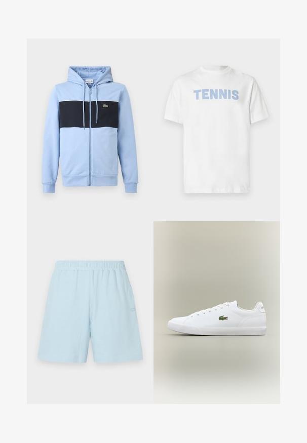 Sweat à capuche bleu clair zippé avec une bande horizontale noire sur la poitrine et un petit logo Lacoste vert sur le côté gauche.; T-shirt en coton blanc à manches courtes, avec le mot « TENNIS » en lettres capitales bleu clair sur la poitrine.; Shorts en coton bleu clair avec une taille élastique et des poches latérales. Présente un détail de logo subtil sur le côté gauche. Design décontracté.; Baskets blanches en cuir avec une semelle en caoutchouc texturé, arborant un logo crocodile brodé vert sur le côté et un branding minimal.