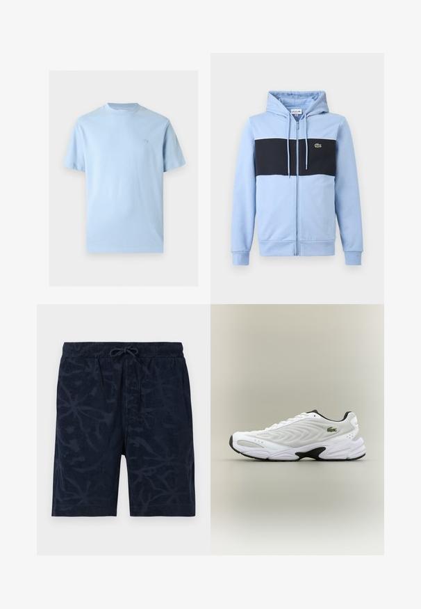Sweat à capuche bleu clair zippé avec une bande horizontale noire sur la poitrine et un petit logo Lacoste vert sur le côté gauche.; T-shirt en coton bleu clair à manches courtes avec col rond et petit logo brodé sur la poitrine gauche, présenté sur un fond blanc.; Shorts pour hommes bleu marine avec taille élastique, cordon de serrage et imprimé floral subtil, longueur genoux, style décontracté.; Baskets de sport blanches avec un dessus en mesh texturé, un design courbé et une semelle noire contrastante. Présente un logo brodé vert sur le côté.