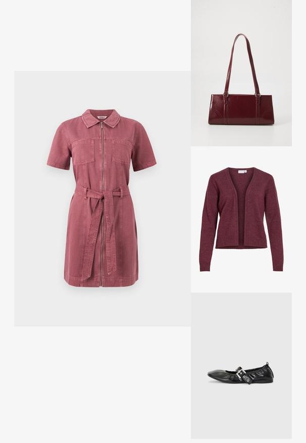 Cardigan med lange ærmer og åben front i blødt mørkerødt strikket stof med ribstrikkede manchetter og linning, uden krave.; Kortærmet støvet rosa denimkjole med frontlynlås, to brystlommer, krave og matchende stofbælte bundet i taljen.; Sorte læder flade sko med spids tå, samling detaljer omkring åbningen, og en sølv spænde accent på den justerbare rem.; Bordeaux håndtaske lavet af glansfuldt materiale, rektangulær form, med to skulderremme og subtile buede detaljer på forsiden.