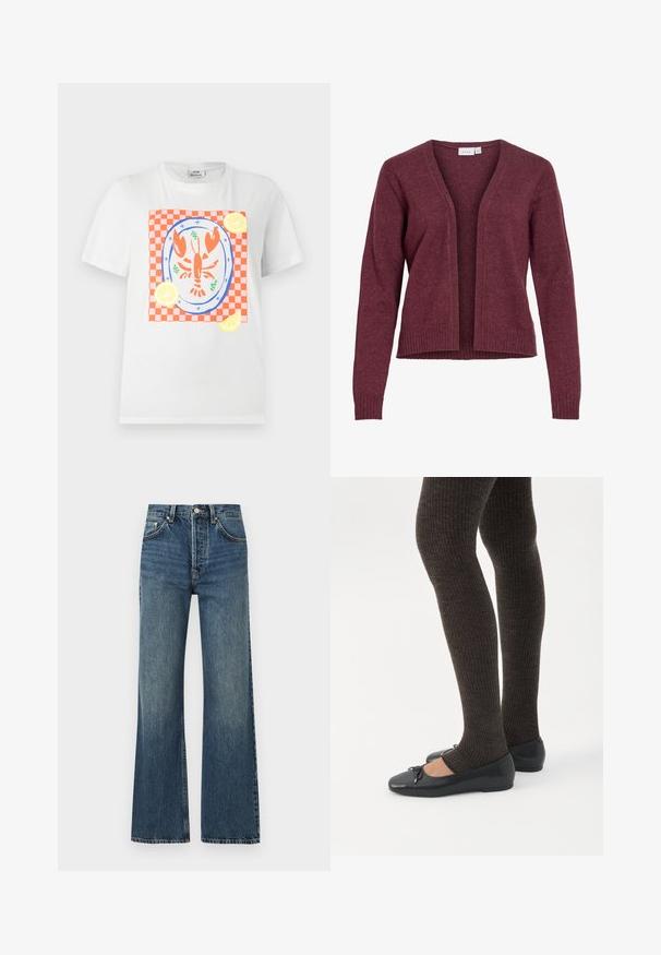 Cardigan manches longues à ouverture devant en tissu maille doux bordeaux, avec poignets et ourlet côtelés, design sans col.; T-shirt blanc à manches courtes avec un homard rouge sur une assiette, placé sur un tissu à carreaux rouge et blanc avec des tranches de citron autour.; Jeans bleus taille haute à jambes droites avec poches avant, fermeture par bouton, et design classique à cinq poches sur fond blanc.; Jambes portant des leggings côtelés foncés associés à des ballerines noires avec de petits détails en nœud sur fond blanc.