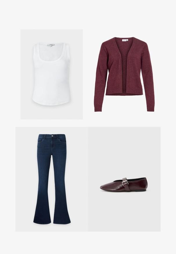 Cardigan manches longues à ouverture devant en tissu maille doux bordeaux, avec poignets et ourlet côtelés, design sans col.; Débardeur blanc côtelé sans manches avec encolure dégagée et étiquette Topshop à l'arrière du col intérieur, présenté sur un fond uni.; Jean en denim bleu foncé avec une taille haute et des jambes évasées, avec poches avant, passants de ceinture et fermeture par bouton.; Ballerines en cuir bordeaux avec un bout pointu, une semelle plate et une sangle décorative avec boucle sur le cou-de-pied. Texture lisse et brillante.