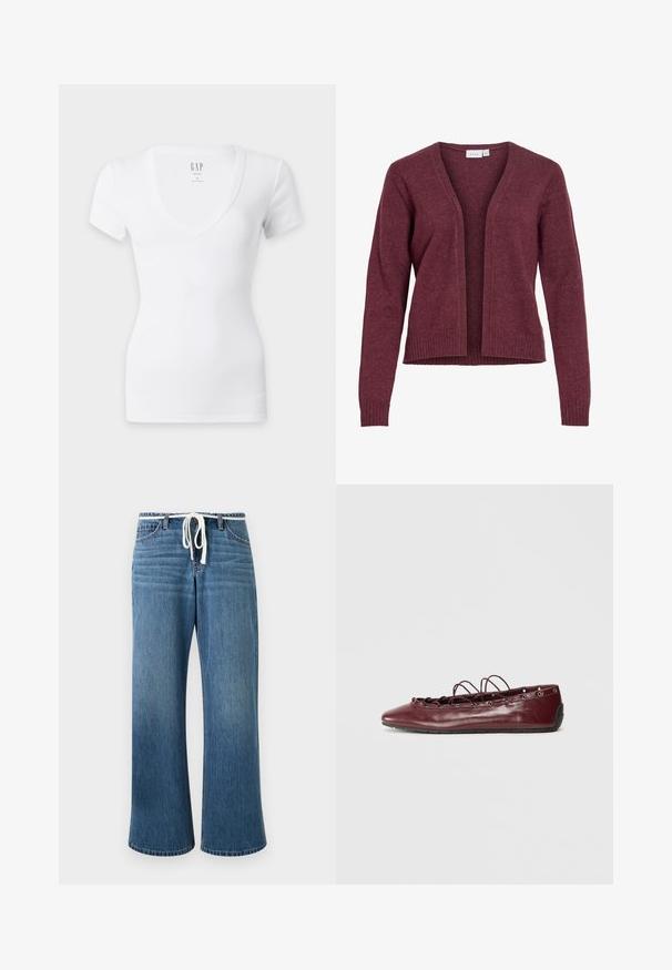 Cardigan manches longues à ouverture devant en tissu maille doux bordeaux, avec poignets et ourlet côtelés, design sans col.; T-shirt blanc ajusté à manches courtes avec un col en V profond et un petit logo GAP imprimé à l'intérieur de l'encolure.; Jean large en denim bleu avec un cordon blanc à la taille et un style classique à cinq poches.; Femme ballerine en cuir bordeaux avec un bout pointu, des détails en dentelle sur le devant et des œillets en argent. Semelle souple pour plus de flexibilité et de confort.