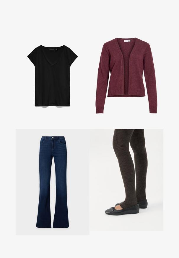 Langärmeliger Cardigan mit offenem Vorderteil aus weichem, dunkelrotem Strickstoff mit gerippten Bündchen und Saum, kragenloses Design.; Schwarzes kurzärmliges T-Shirt mit V-Ausschnitt-Design, aus weichem Stoff gefertigt, mit lässiger Passform und glatter, leicht matter Textur.; Dunkelblaue Denim-Jeans mit ausgestelltem Bein, Vordertaschen und Knopfverschluss in der Taille.; Beine in dunklen, gerippten Leggings kombiniert mit schwarzen Ballerinas mit kleinen Schleifendetails auf weißem Hintergrund.