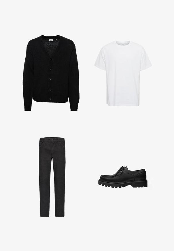 Sort uld cardigan med V-hals, lange ærmer og seks frontknapper. Har en blød tekstur samt ribbede manchetter og kant.; Hvid bomulds t-shirt med korte ærmer, rund halsudskæring og en afslappet pasform. Glat tekstur, ingen mønstre eller detaljer. Simpelt design.; Sorte denim jeans med lige ben. Funktioner inkluderer fem lommer, knaplukning og diskrete syninger langs sømmene.; Sort læder snøresko med tyk, robust sål og detaljerede syninger på oversiden, designet til formelt eller afslappet brug.