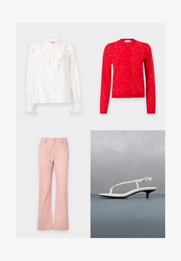 Cárdigan de punto rojo con estampado floral, cuello redondo y cierre de botones. Mangas largas y detalles acanalados en puños y borde inferior.; Blusa blanca hecha de tela ligera, con frente y puños con volantes, cierre de botones y mangas largas.; Pantalones de mezclilla de campana rosa con cinco bolsillos, cierre de botón y tela texturizada que presenta sutiles motas multicolores por todo su tejido.; Sandalia blanca de tacón kitten con tiras y punta afilada, flotando sobre un suelo de baldosas de madera al aire libre, con un fondo desenfocado de plantas y pared.