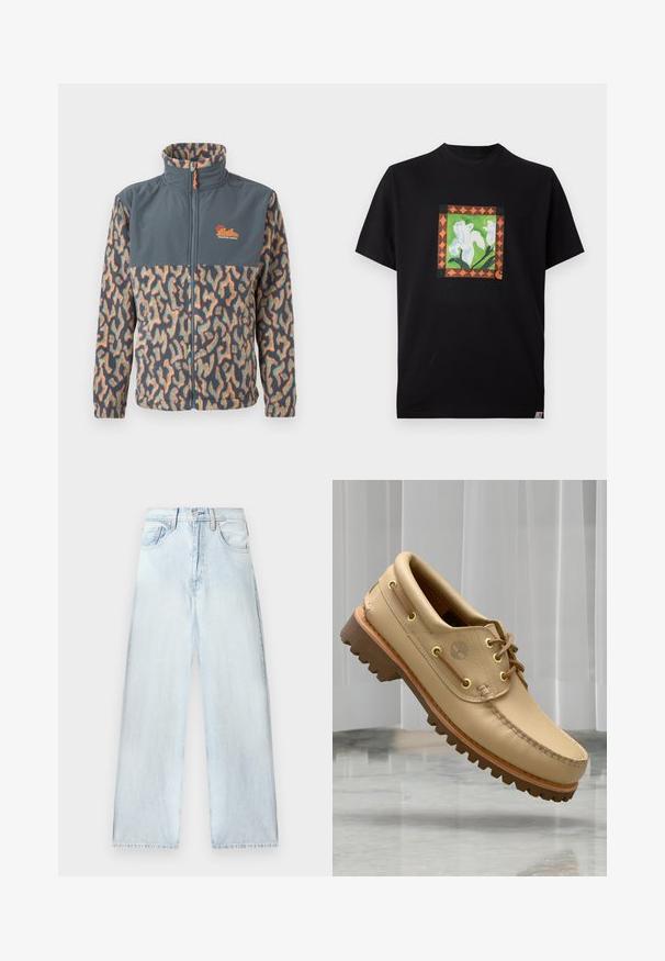 Veste polaire à fermeture éclair intégrale avec col montant, poitrine supérieure gris foncé uni, et motif abstrait multicolore sur les manches et le bas du corps.; T-shirt noir à manches courtes avec un motif carré central de fleurs blanches, de tiges vertes et une bordure géométrique orange.; Pantalons en denim bleu clair avec une coupe ample, taille haute, design à cinq poches et jambes droites. Texture décolorée avec des détails de couture visibles.; Chaussure bateau en cuir marron clair avec semelle épaisse et striée et détails de lacets, flottant au-dessus d'un sol en marbre et d'un fond de stores verticaux blancs.