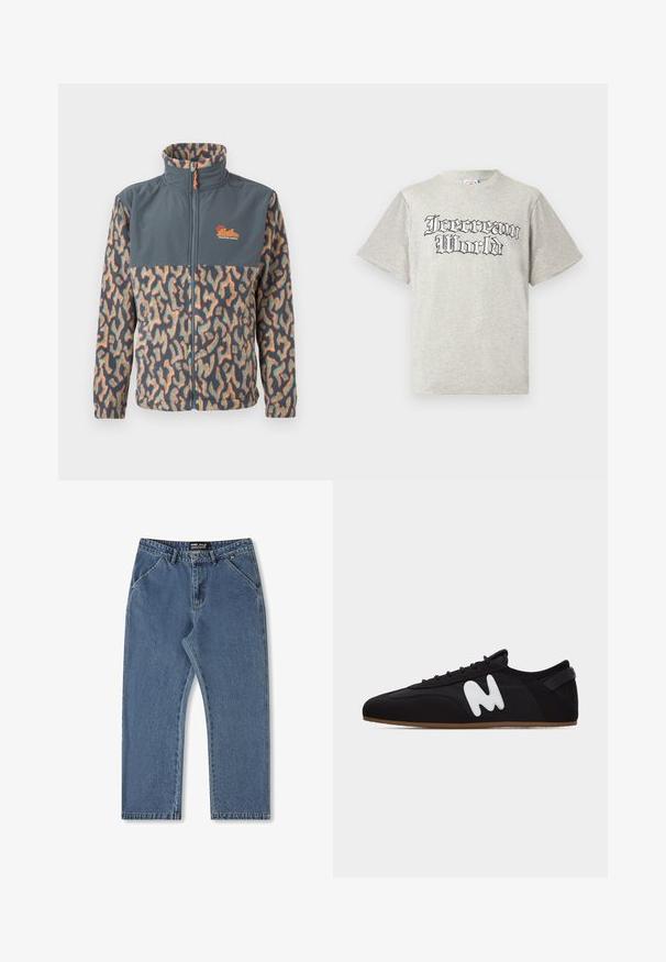 Fleecejakke med fuld lynlås og høj krave, ensfarvet mørkegrå øvre bryst, og flerfarvet abstrakt mønster på ærmer og underkrop.; Lysegrå kortærmet T-shirt lavet af bomuld med et sort "Icecream World"-logo i en stiliseret skrifttype på forsiden.; Blå denimjeans med lige ben, medium talje og klassisk fem-lommer stil. Har subtil falming og syede detaljer.; Sort lav sneakers med tynd brun sål og hvidt styliseret "M"-logo på siden, set fra venstre.