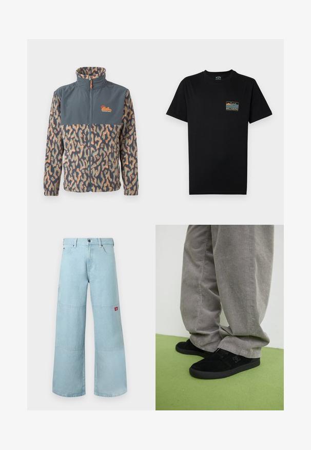 Chaqueta de forro polar con cremallera completa, cuello alto, parte superior del pecho en gris oscuro sólido y patrón abstracto multicolor en las mangas y la parte inferior del cuerpo.; Camiseta negra de manga corta con un pequeño gráfico multicolor de montaña y océano y texto "BILLABONG Adventure division" en el pecho izquierdo.; Vaqueros de pierna ancha en azul claro de mezclilla con parches contrastantes. Presentan un cierre frontal con botones y un pequeño parche con logo en el bolsillo lateral.; Zapatillas de skate de ante negro con un acabado texturizado y un logo, combinadas con pantalones de pana gris con una textura acanalada. Superficie del suelo en verde.