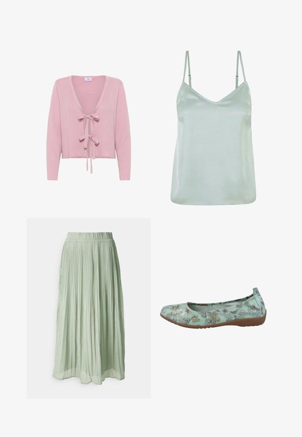 Cardigan rose côtelé avec des manches longues, décolleté en V profond et fermeture à l'avant. Texture douce et design cropped. Étiquette visible à l'intérieur du col.; Camisole en satin vert clair avec des bretelles fines ajustables et un décolleté en V, présentant une texture lisse et une coupe décontractée.; Jupe midi plissée en tissu vert clair avec une texture douce. Taille élastique, design fluide et léger éclat partout.; Ballerines en tissu vert menthe avec un motif floral en marron et blanc. Bout rond, semelle intérieure rembourrée et semelle en caoutchouc brun flexible.