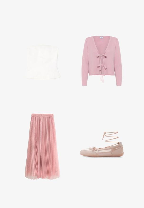 Cárdigan rosa de canalé con mangas largas, escote en V profundo y cierre con lazo en la parte frontal. Textura suave y diseño cropped. Etiqueta visible en el interior del escote.; Top corsé blanco sin tirantes, con forma ajustada, textura suave, costuras laterales y un dobladillo acampanado. Fabricado en tejido ligero.; Falda midi plisada rosa con una capa inferior de encaje y cinturilla fruncida, mostrada sobre un fondo blanco.; Bailarina de cuero rosa con punta redondeada, correas de amarre en el tobillo y textura suave. Diseño ligero con detalles mínimos de costura.