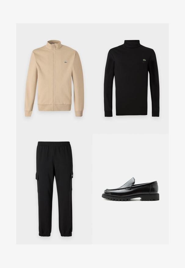 Chaqueta beige con cremallera y cuello alzado, fabricada en tejido suave, puños acanalados y un pequeño logotipo verde de Lacoste en el pecho. Diseño simple y minimalista.; Suéter negro de cuello alto de manga larga, fabricado en suave algodón, con un pequeño logo de cocodrilo verde en el lado izquierdo del pecho.; Pantalones de chándal negros con cintura elástica, puños ajustados y bolsillos laterales tipo cargo. Fabricados con material suave y textura lisa.; Mocasín de cuero negro con suela de goma gruesa, empeine cosido y nombre de la marca en relieve en el talón, mostrado en perfil lateral sobre fondo blanco.