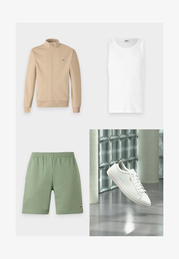 Beige zip-up jas met een rechtopstaande kraag, zachte stof, ribgebreide manchetten en een klein groen Lacoste-logo op de borst. Eenvoudig en minimalistisch ontwerp.; Witte katoenen mouwloze tanktop met een ronde halslijn en een gladde textuur. Eenvoudig ontwerp, geen patronen of accenten.; Groene katoenen shorts met een elastische tailleband, ontspannen pasvorm en een klein geborduurd logo aan de onderkant aan de linkerzijde. Gladde textuur, geen zakken.; Witte leren lage sneaker met veters, zwarte hielstrook en "BOSS"-logo, zwevend binnenshuis bij een glazen stenen muur en gepolijste vloer.