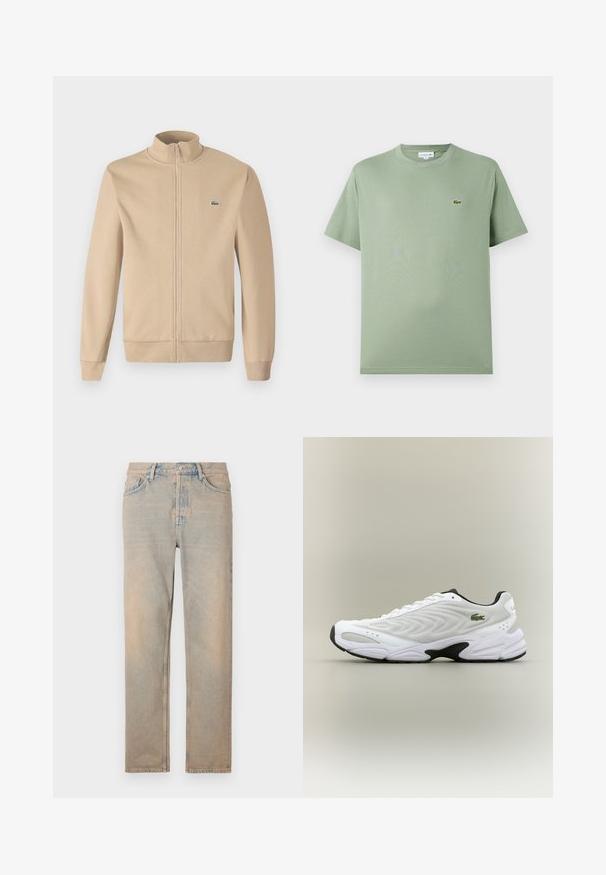 Beige zip-up jas met een rechtopstaande kraag, zachte stof, ribgebreide manchetten en een klein groen Lacoste-logo op de borst. Eenvoudig en minimalistisch ontwerp.; Lichtgroene katoenen T-shirt met een ronde hals, korte mouwen en een klein logo op de linkerkant van de borst. Gladde textuur, standaard pasvorm.; Licht beige denim jeans met een rechte snit. Voorzien van vijf zakken, een knoopsluiting en subtiele vervaging langs het oppervlak van de stof.; Witte sportieve schoen met een textuur van gaas bovenwerk, gebogen ontwerp en contrasterende zwarte zool. Heeft een groen geborduurd logo aan de zijkant.
