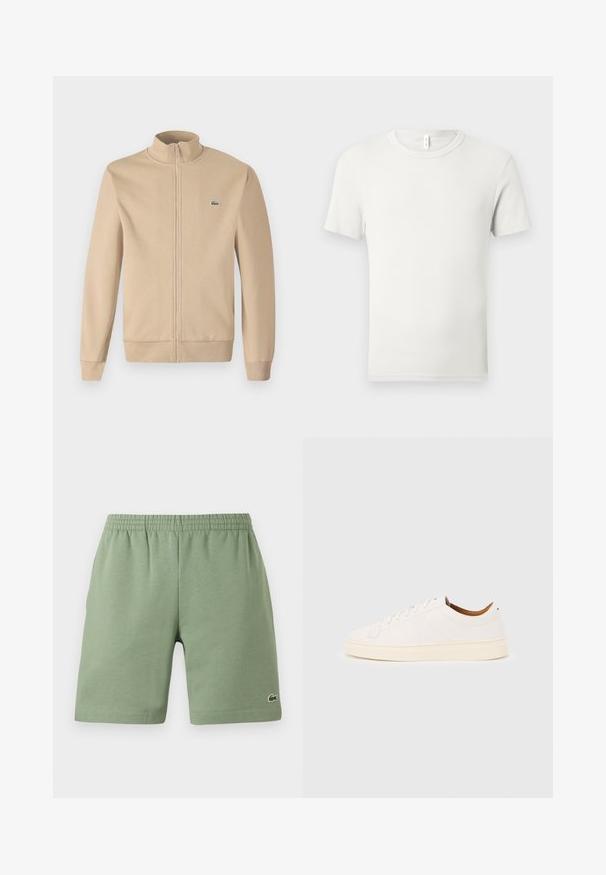 Beige zip-jakke med opretstående krave, blødt stof, ribbede manchetter og et lille grønt Lacoste-logo på brystet. Enkel og minimalistisk design.; Hvid kortærmet T-shirt med rund hals lagt fladt på en lysgrå baggrund med en lille stofmærkat ved kraven.; Grønne bomuldsshorts med elastisk talje, afslappet pasform og et lille broderet logo på nederste venstre side. Glat tekstur, ingen lommer.; Hvid lavtop-sneakers med snørelukning, minimale syningsdetaljer og en cremefarvet sål på en lysegrå baggrund.