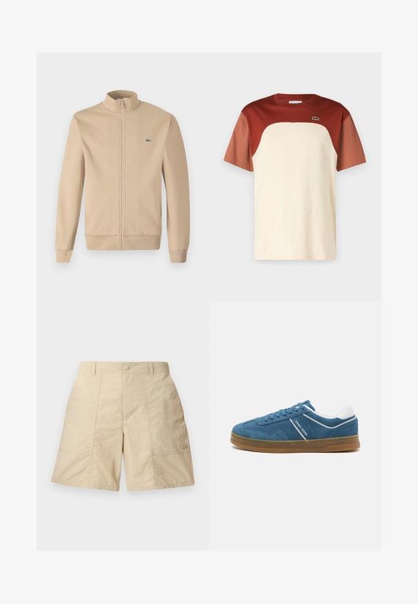 Chaqueta beige con cremallera y cuello alzado, fabricada en tejido suave, puños acanalados y un pequeño logotipo verde de Lacoste en el pecho. Diseño simple y minimalista.; Camiseta a bloques de color con un cuerpo crema y mangas color burdeos, cuello redondo y un pequeño logo verde en el pecho. Material de algodón.; Pantalones cortos beige con un acabado texturizado, con cierre de botón en la parte delantera, dos bolsillos laterales y un pequeño logo en la parte inferior derecha.; Zapatillas de ante azul con acentos en blanco, punta redonda, superficie texturada, diseño de cordones y suela de goma con borde elevado.