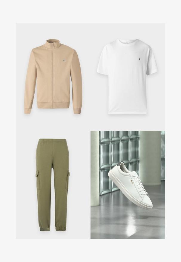 Béžová zipová bunda s stojatým golierom, mäkká tkanina, rebrované manžety a malé zelené logo Lacoste na hrudi. Jednoduchý a minimalistický dizajn.; Biela bavlnená tričko s okrúhlym výstrihom, krátkymi rukávmi a malým čiernym logom na hrudníku. Mäkká štruktúra, voľný strih.; Nohavice cargo v olivovo zelenej ľahkej tkanine, s bočnými vreckami, elastickým pásom a zúženými manžetami pre priliehavý strih.; Biela kožená teniska s nízkym strihom, šnúrkami, čiernou pätovou záložkou a logom „BOSS“, ktorá visí vo vzduchu v interiéri pri stene zo sklenených blokov a leštenej podlahe.