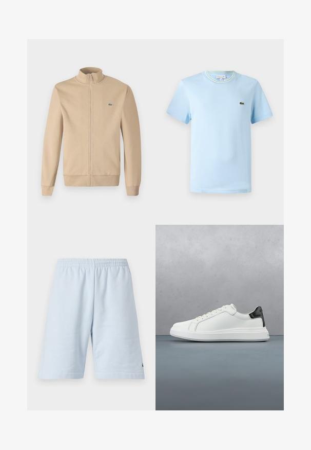 Chaqueta beige con cremallera y cuello alzado, fabricada en tejido suave, puños acanalados y un pequeño logotipo verde de Lacoste en el pecho. Diseño simple y minimalista.; Camiseta de algodón azul claro con mangas cortas, cuello redondo con un ribete de rayas verdes y blancas, y un pequeño logo bordado en el pecho.; Pantalones cortos de algodón azul claro con cinturilla elástica. Presenta un diseño simple y sólido con dobladillo abierto. Acento del logo en el dobladillo inferior.; Zapatilla blanca con parte superior de cuero suave y un acento en el talón negro contrastante. Presenta cordones planos y una suela de goma texturizada.